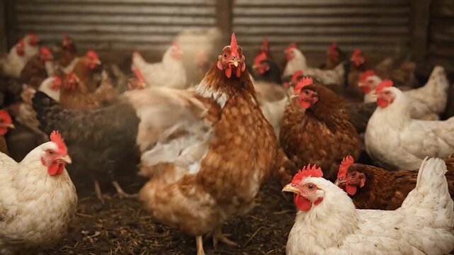 Healthy farm chickens gathering together outdoors inside countryside poultry farm during peaceful evening