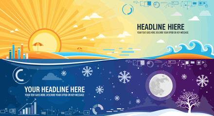 Split image depicting day and night, sun and moon, summer and winter, with cityscapes and natural elements. © Bibit