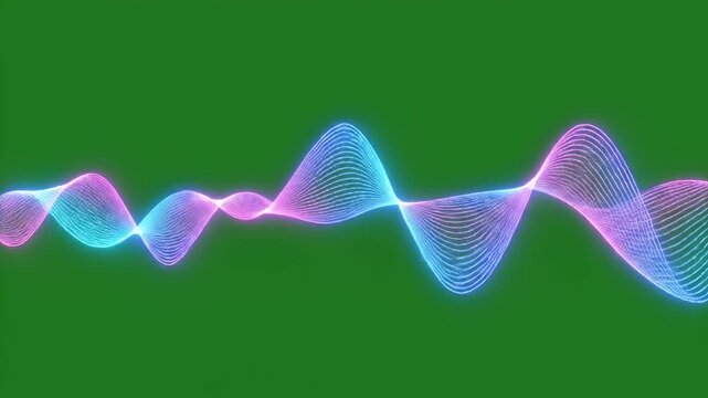 Abstract glowing sound wave visualization on green screen. Digital audio equalizer with flowing lines in blue and pink. Modern data wave animation for technology background.