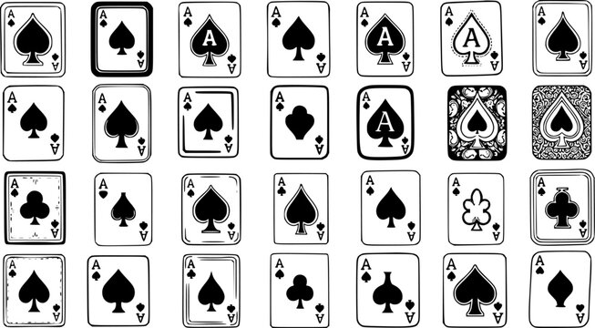 Collection of Black and White Line Art Ace of Spades and Clubs Playing Cards for Casino and Gaming Industry Designs