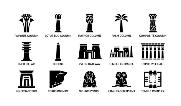 Egyptian column and temple symbols arranged on white background