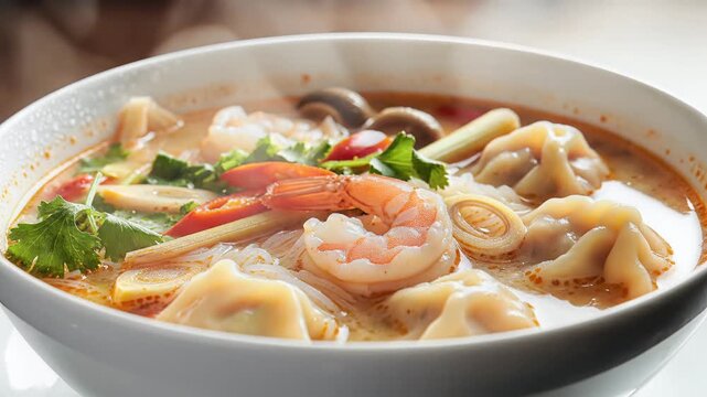 Delicious Tom Yum Soup with Shrimp and Wontons.