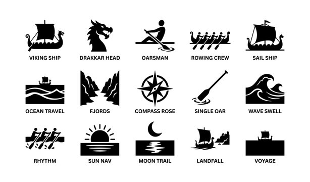 Viking ship nautical icons in labeled grid on white background