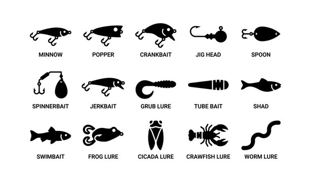 Fishing lure icons showing various bait types on white background