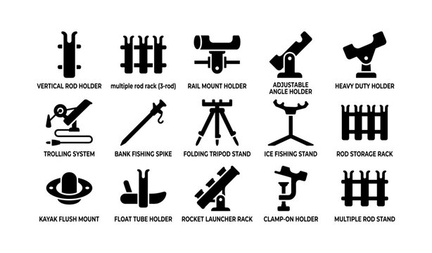 Fishing rod holder icons showing mounting and support types on white