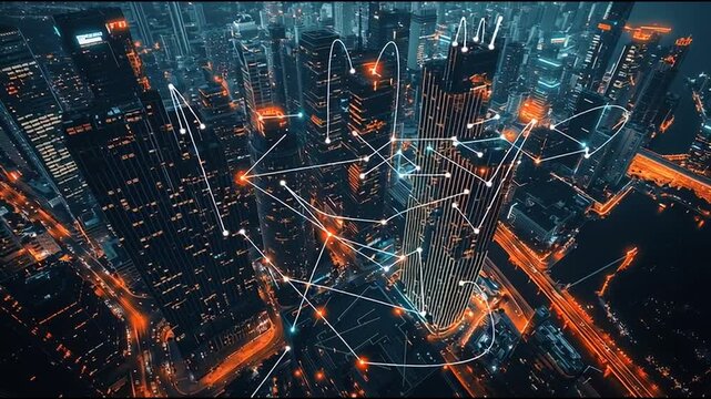 Smart digital Innovation City of the business world with connection financial business data all the time network reciprocity over the twilight cityscape. of future cyber security wireless digital city