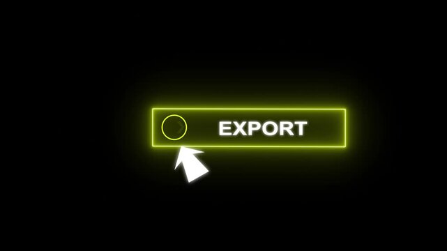 Glowing neon red color white text cursor animation pointing towards export button in looping with transparent background.