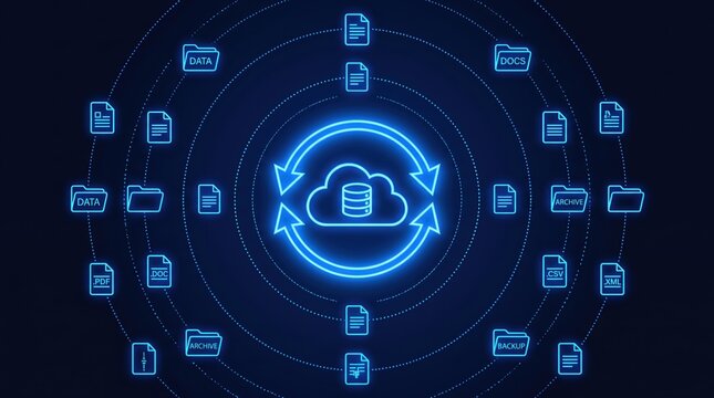 Glowing neon cloud storage icon surrounded by various digital file symbols on a dark blue background