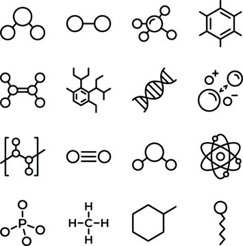Minimalist line of molecules, chemical structures, and geometric shapes in black and white line molecules