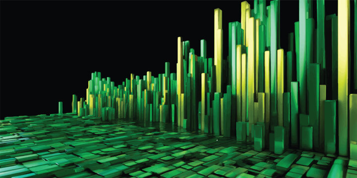 A 3D illustration of a green abstract binary code background featuring a financial growth bar chart and technology data lines integrated into a modern cityscape skyline design