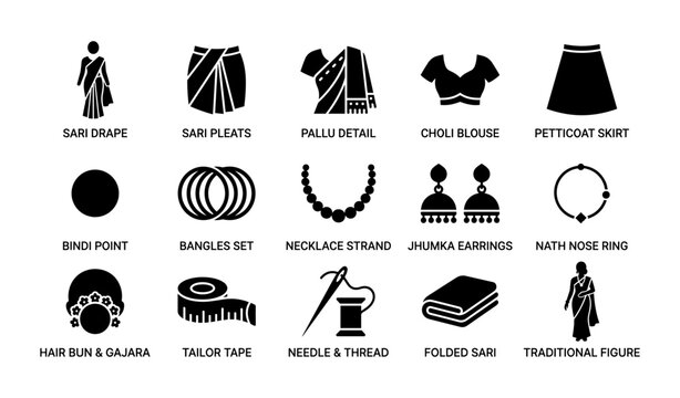 Illustrated sari clothing elements arranged in icon grid