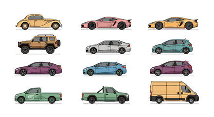 A diverse collection of 12 distinct vehicles, including cars, a jeep, and a van, presented in a clean, side-profile illustration against a white background. © pria