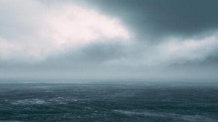 Landscape photograph of a vast ocean. the sky is filled with dark, ominous clouds that are covering most of the sky. the clouds are thick and billowing, creating a dramatic and ominous atmosphere.