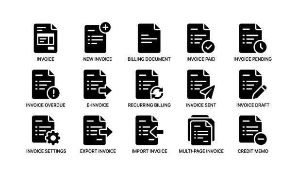 Invoice and billing icons set showing document states and actions