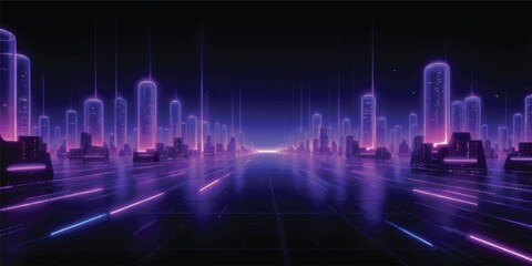 Fototapeta premium Abstract blue background with shiny digital waves and colorful light lines creating a glowing music equalizer effect on a dark technology backdrop