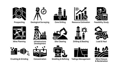 Naklejka premium Mining process icons showing stages from exploration to reclamation