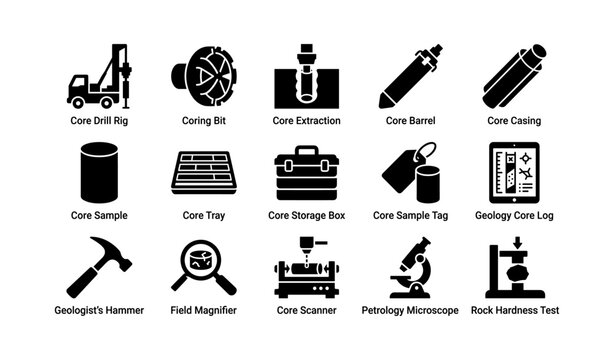 Core drilling and geology icons arranged in labeled grid on white