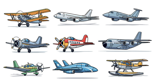 A diverse collection of various bus types, including a red double-decker, white coaches, yellow school buses, and a vintage brown bus, all depicted as illustrations.