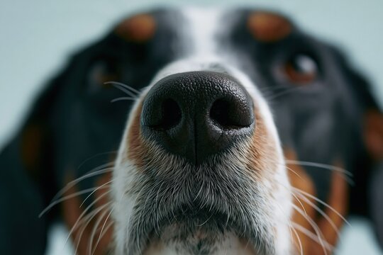 Dog nose and snout facing camera on soft surface closeup portrait