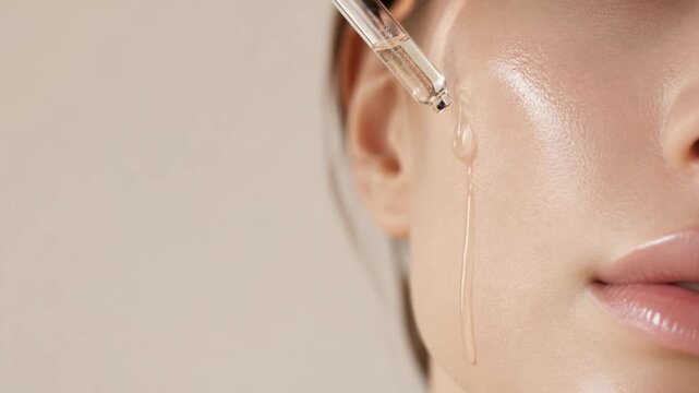 Macro close up of woman face with cosmetic serum dropper and glowing skin, luxury skincare treatment, beauty wellness concept.