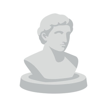 The artwork shows a gray monochrome bust with a male face and shoulders displayed on a simple round pedestal in a vector style.