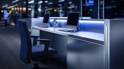 Fototapeta premium A modern office workspace featuring sleek desks, computers, and ambient lighting in a dim environment