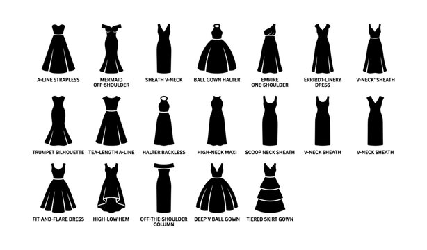 Dress silhouettes showing gown styles with labels on white background