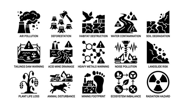 Environmental hazard icons arranged in grid on white background