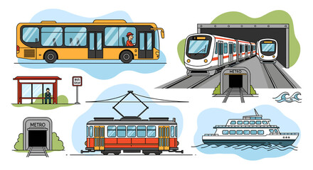 An illustration showcasing various public transportation methods including a bus, metro, tram, and ferry, along with a bus stop and metro entrance. © pria