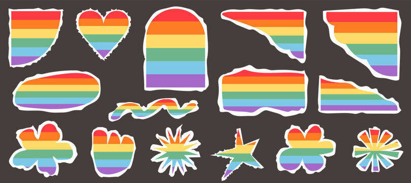 Queer Pride sticker pack with torn paper rainbow. LGBTQIA scrapbook element, ripped edge heart, star and flower graphic, inclusive DIY pride month collage kit for zine and digital journal. Vector.