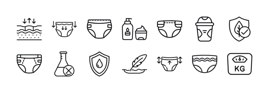Baby Diaper Icons Set, Hygiene, Comfort, and Safety Features, Vector Graphics