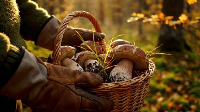 Person carrying a wicker basket filled with freshly foraged wild mushrooms in a sunlit autumnal forest