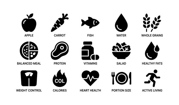 Healthy eating and nutrition icons arranged in grid layout