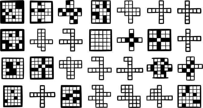 Black and White Grid-based Geometric Patterns. Abstract Technology  Education Pixel Art Shapes for Algorithms, Logic Puzzles, and Scientific Concepts.