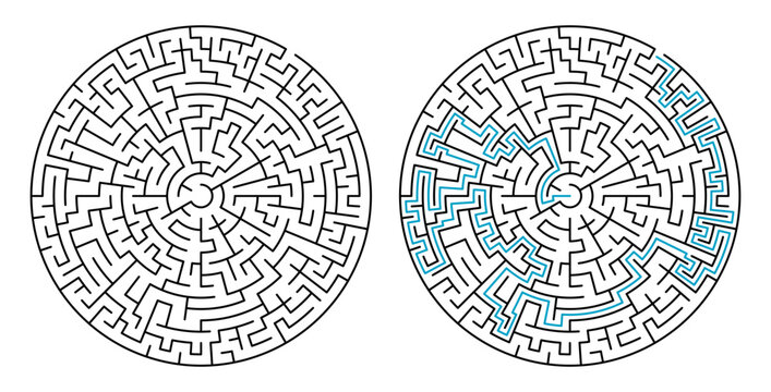 Сircular maze labyrinth puzzle with solution path