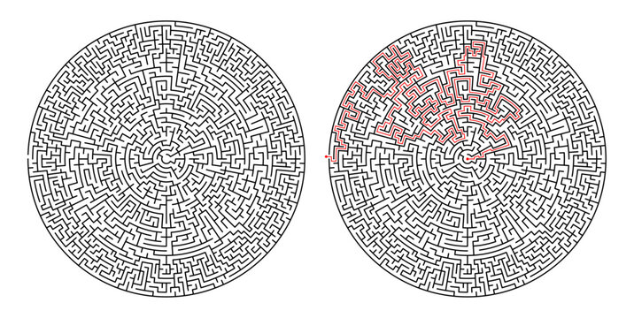 Complex circular maze labyrinth puzzle with solution path
