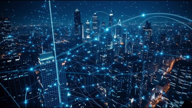 Smart digital Innovation City of the business world with connection financial business data all the time network reciprocity over the twilight cityscape. of future cyber security wireless digital city