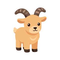 Fototapeta premium A cute cartoon goat with tan fur, small ears, and brown horns stands on its four legs with a short tail.
