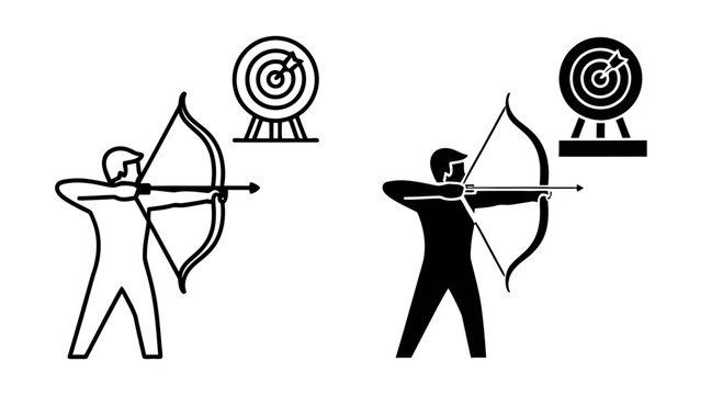 Archery icon set with archer shooting arrow at target, outline and solid style, white background