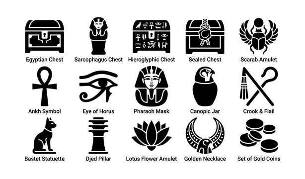 Egyptian artifact icons depicting ancient symbols and chests on white