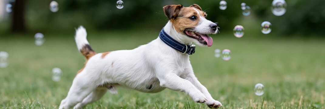 Jack russell dog chasing bubbles in grassy park setting