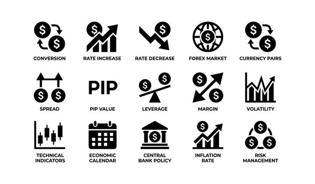 Forex and finance icons arranged in grid on white background