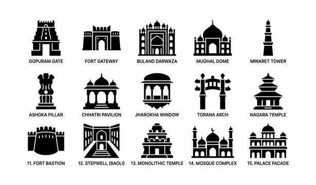 Indian architectural icons displayed in grid on white background