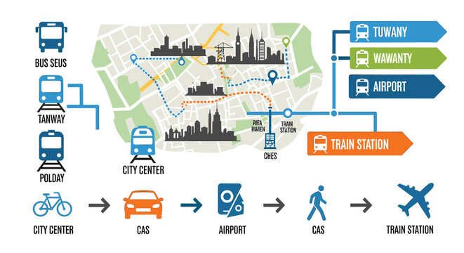 Urban transportation map illustrating various modes of transit and routes within a city, including public transport, personal vehicles, and air travel.