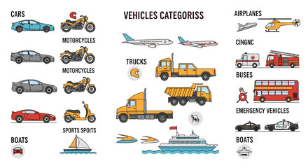 Comprehensive visual guide showcasing a diverse array of vehicles categorized for easy identification and understanding. © pria
