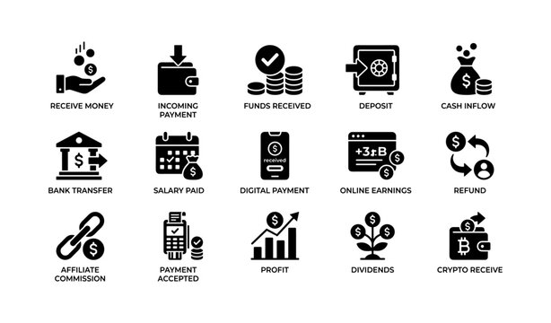 Financial transaction and payment icons arranged in grid