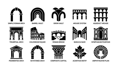 Fototapeta premium Roman architectural icons displayed in grid on white background