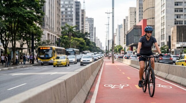Ciclista utilizando capacete em ciclovia urbana de S&atilde;o Paulo durante campanha Maio Amarelo refor&ccedil;ando seguran&ccedil;a e mobilidade sustent&aacute;vel nas grandes cidades e bicicleta