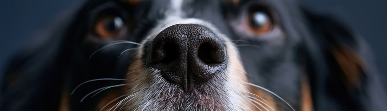 Dog nose closeup with focused eyes and textured snout indoors