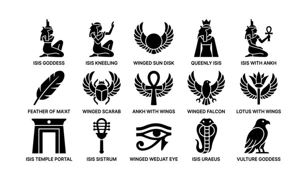 Egyptian isis and ancient symbols icons showing deities and motifs